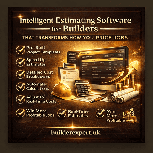 Intelligent_Estimating_Software_for_Builders_50 (1) Infographic showing intelligent estimating software for builders with cost breakdowns, templates, automation tools and construction icons in premium gold design