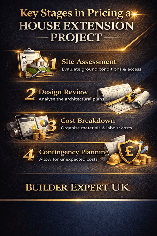 Key_Stages_in_Pricing_a_House_Extension_50 Infographic showing the key stages in pricing a house extension project using building estimating software UK, including site assessment, design review, cost breakdown, and contingency planning.