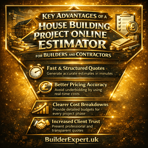 Infographic showing the key advantages of a house building project online estimator for builders and contractors including faster quotes, accurate £ cost estimates, and better construction planning