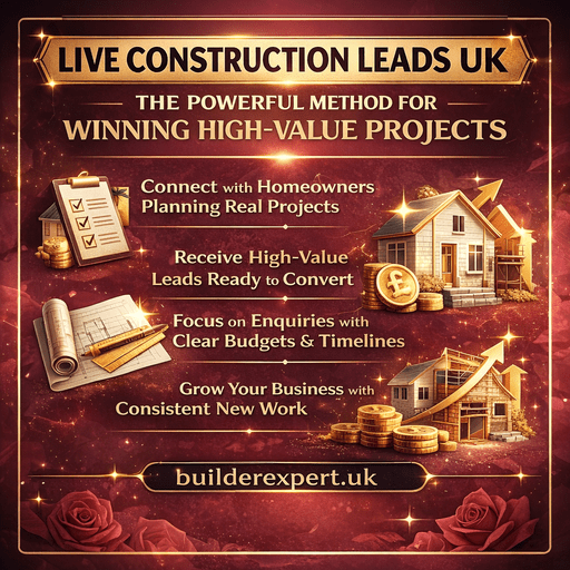 Live Construction Leads UK infographic showing how builders connect with homeowners planning real projects and win high-value construction work