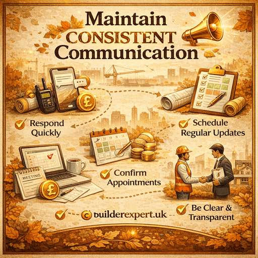 Maintain_consistent_Communication_50 Maintain consistent communication infographic showing how builders respond quickly, schedule updates and build trust with construction clients
