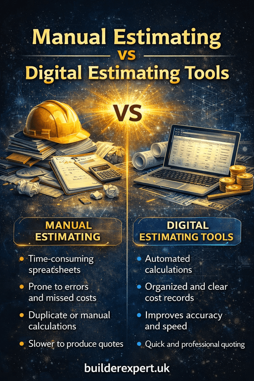 Manual estimating vs digital estimating tools infographic showing the differences in construction cost estimating methods for builders