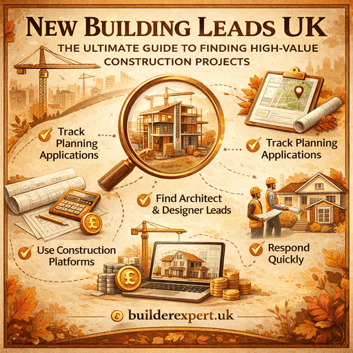 New_Building_Leads_UK_50 New Building Leads UK infographic showing how builders find high-value construction projects using planning applications, architect networks and construction platforms