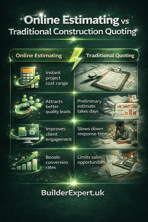 Online estimating vs traditional construction quoting infographic comparing digital builder estimators with traditional quoting methods