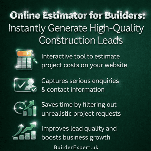Online estimator for builders infographic showing how builders generate instant construction leads using estimating software