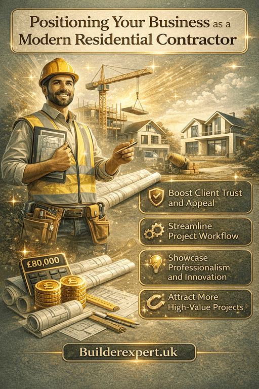 Vertical 4:5 infographic titled “Positioning Your Business as a Modern Residential Contractor” showing a professional UK builder with digital tools, residential homes, £ pricing elements and glossy gold accents on a sage green background with Builderexpert.uk at the bottom.