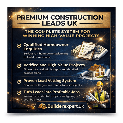 Premium Construction Leads UK infographic showing how builders win high-value residential projects with verified homeowner enquiries