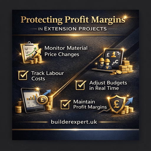 Protecting_Profit_Margins_50 Infographic showing how builders use building estimating software UK to protect profit margins in house extension projects by tracking costs and managing budgets.