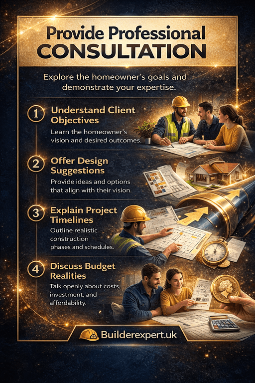 Provide Professional Consultation infographic showing how builders guide homeowners, discuss project goals, timelines, and realistic construction budgets in the UK