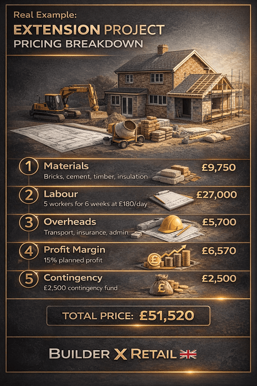 Real_Example_Extension_Project_50 Extension project pricing breakdown UK infographic showing materials, labour, overheads, profit margin, and total cost for residential construction