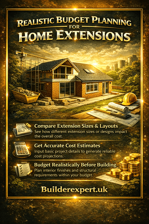 Infographic showing realistic budget planning for home extensions with £ cost estimates, construction planning elements, and residential building budget tips.