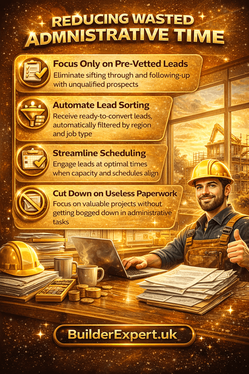 Vertical infographic titled “Reducing Wasted Administrative Time” showing strategies to eliminate unqualified leads, automate filtering, streamline scheduling and reduce paperwork, designed in glossy autumn yellow and orange tones with gold typography and BuilderExpert.uk branding at the bottom.