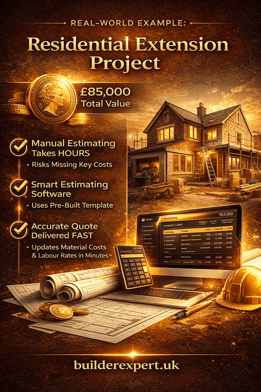 Residential_Extension_Project_50 Infographic showing residential extension project example with £85000 value using intelligent estimating software for builders with cost breakdowns and automation