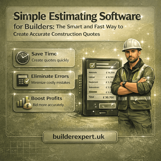 Infographic showing simple estimating software for builders that helps create accurate construction quotes faster using structured cost calculations.