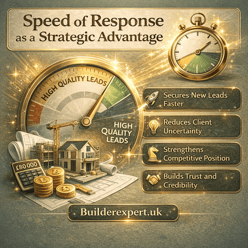 Square infographic titled “Speed of Response as a Strategic Advantage” showing a gold stopwatch, high-quality leads gauge, £ coins and residential construction visuals in sage green and glossy gold branding with Builderexpert.uk at the bottom.