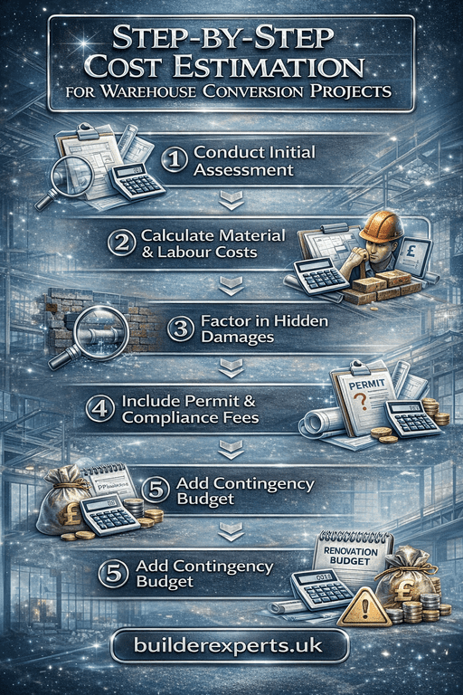 Step-by-step cost estimation for warehouse conversion projects infographic showing key stages builders follow to estimate renovation costs accurately.