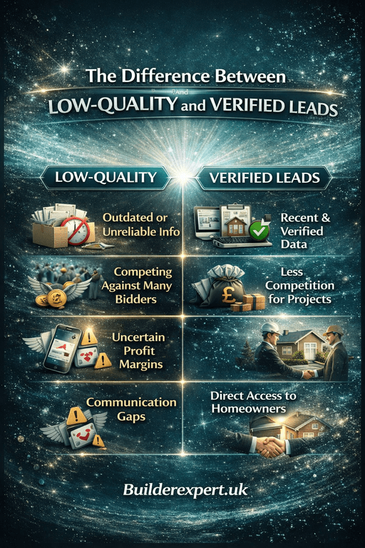 The_Difference_Between_LOW-QUALITY_50 Infographic showing the difference between low-quality and verified house extension leads UK for builders in 2026