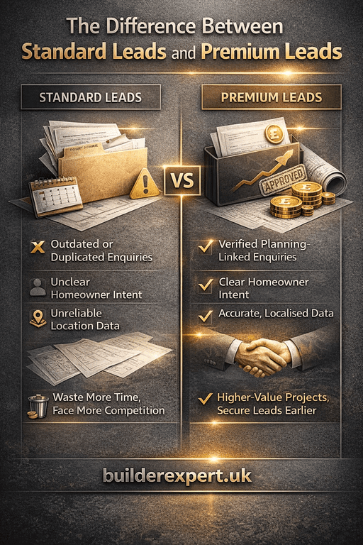 The_Difference_Between_Standard_Leads_50 Infographic showing the difference between standard leads and premium house extension leads UK for builders securing high-value projects
