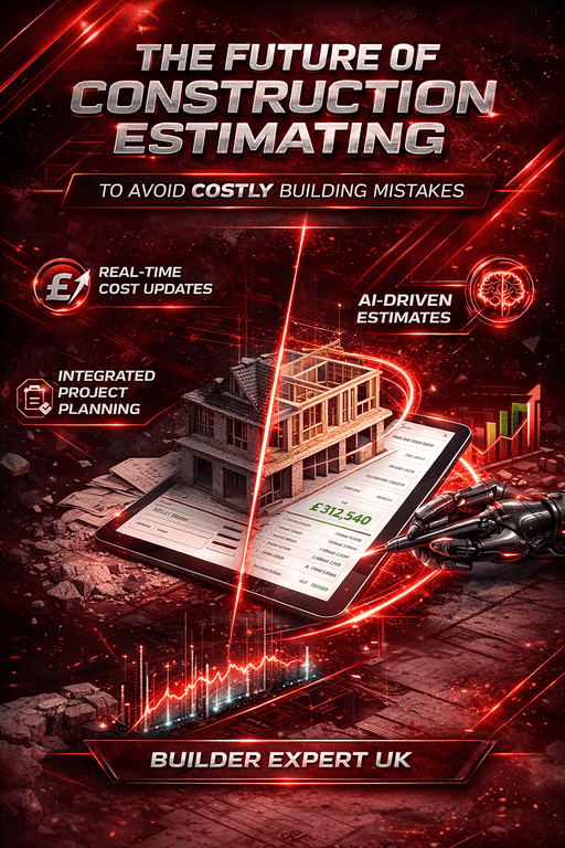 Infographic showing the future of construction estimating with AI, real-time £ cost updates, and digital tools for UK construction planning.