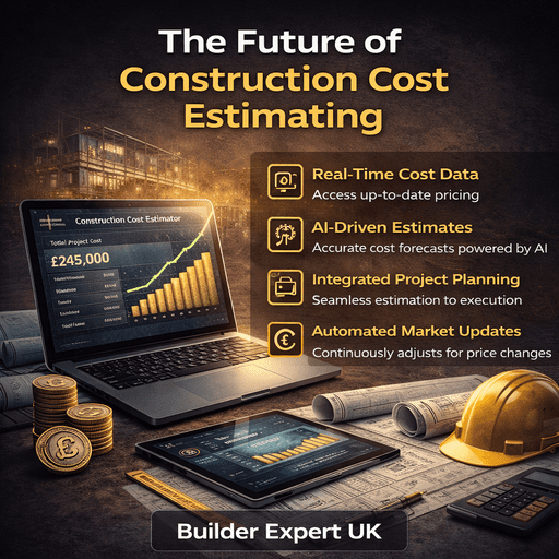 The_Future_of_Construction_Cost_50 Infographic illustrating the future of construction cost estimating with AI-driven tools, real-time £ cost data, and digital project planning for UK construction.