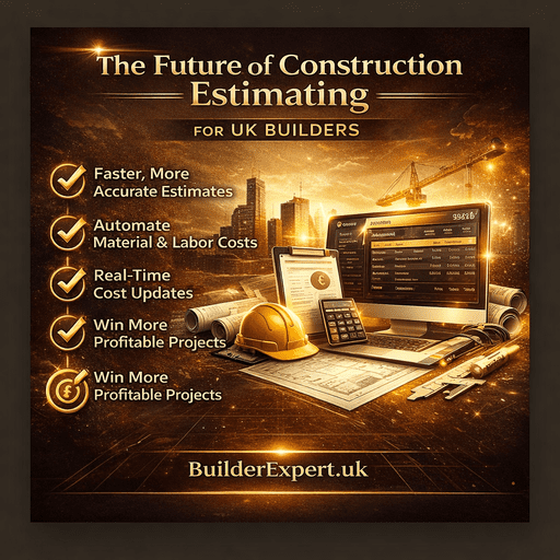 The_Future_of_Construction_Estimating_50 Infographic showing the future of construction estimating for UK builders with automation, real-time cost updates and digital tools in premium gold design