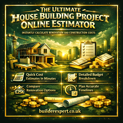 Infographic showing a house building project online estimator calculating renovation and construction costs with £ budgeting, construction planning, and project estimation tools