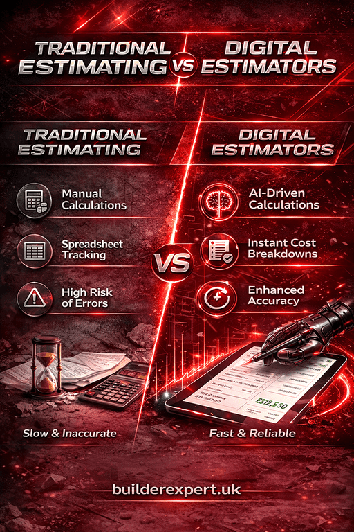 Infographic comparing traditional estimating vs digital estimators with cost calculation methods, accuracy, and efficiency in UK construction.