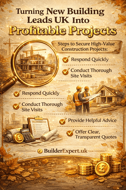 Turning_New_Building_Leads_UK_50 Turning New Building Leads UK into profitable construction projects infographic showing how builders respond quickly, conduct site visits and provide transparent quotes