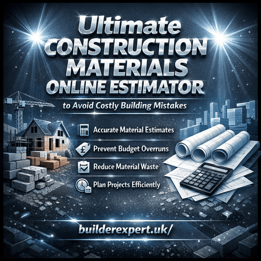 Infographic showing an ultimate construction materials online estimator helping builders calculate material quantities, avoid costly building mistakes, and plan residential construction budgets.