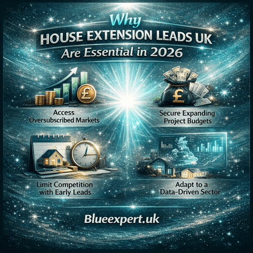 Why_House_ExtensionLeads_UK_50 Infographic showing why house extension leads UK are essential in 2026 for builders to secure projects early and reduce competition