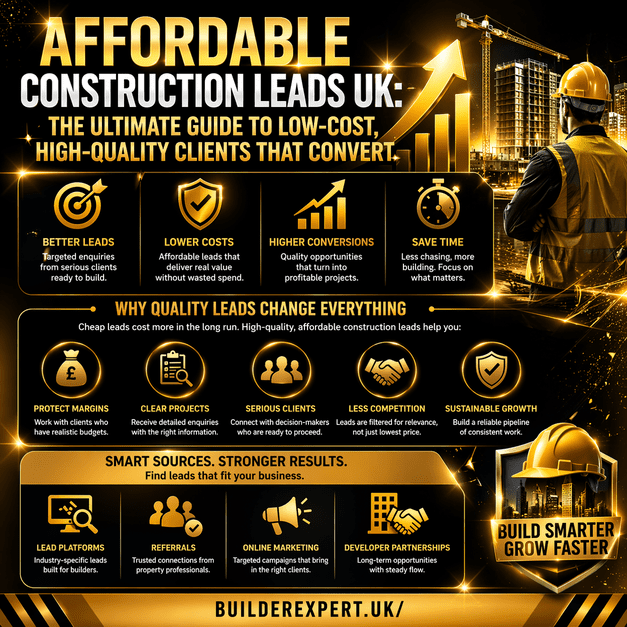 Affordable construction leads UK infographic showing high-quality clients, lower costs, better conversions, and consistent construction growth