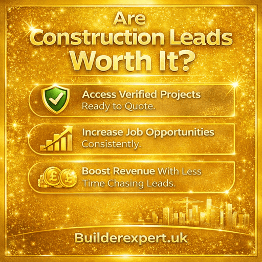 Gold square infographic asking if construction leads are worth it, highlighting verified projects, increased job opportunities, and better revenue with Builderexpert.uk branding.