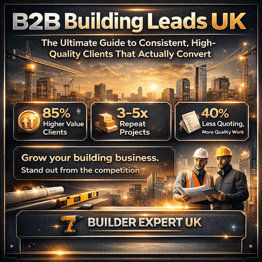 B2B building leads UK infographic showing high-value clients, repeat construction projects, and improved conversion rates for UK builders