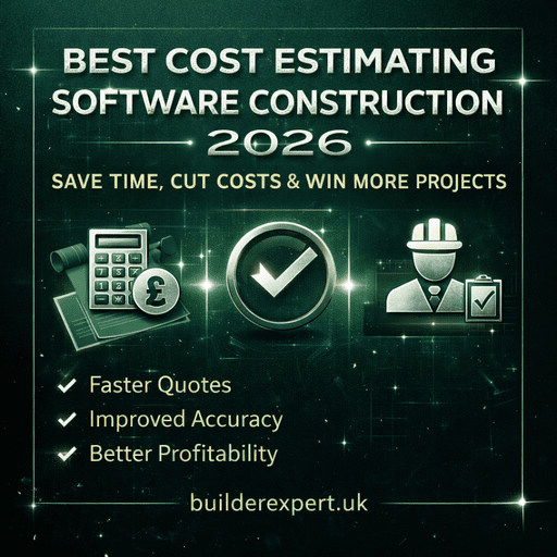 Infographic showing best cost estimating software construction in 2026 with calculator, builder icons, and benefits like faster quotes, improved accuracy, and better profitability
