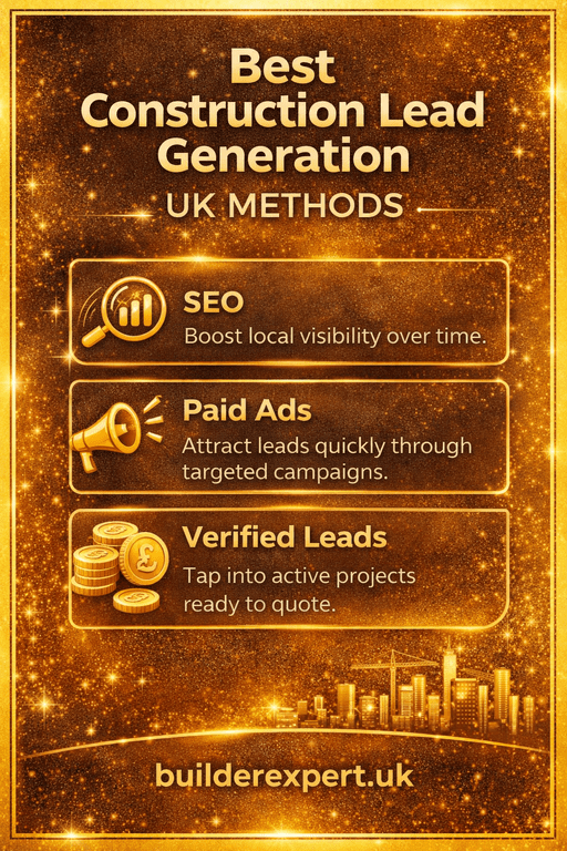 Vertical infographic about the best construction lead generation UK methods, showing SEO, paid ads, and verified leads with gold and brown Builder Expert branding.