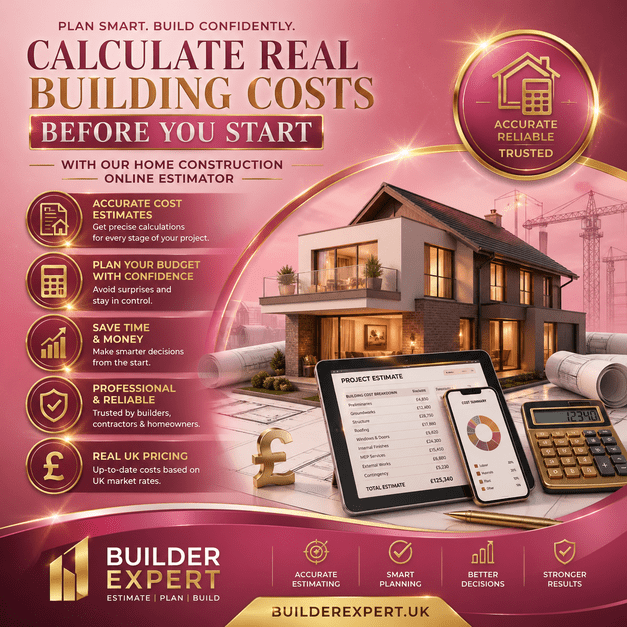 Luxury pink and gold home construction online estimator infographic showing realistic UK building cost planning, calculator visuals, modern house design, and Builderexpert.uk branding.