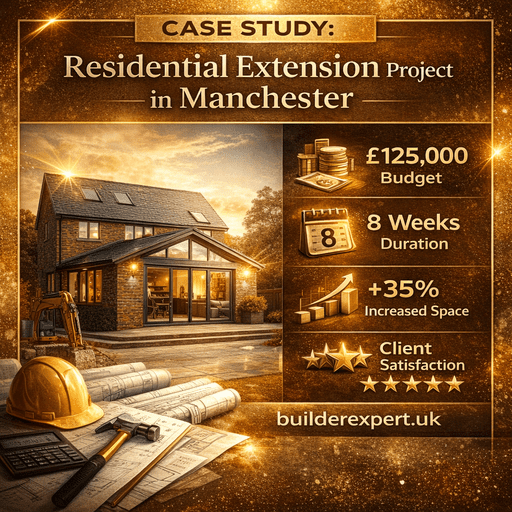 Infographic showing a residential extension project in Manchester with £125,000 budget, 14-week timeline, and profit results, designed in gold and ochre tones with professional construction visuals and builderexpert.uk branding.