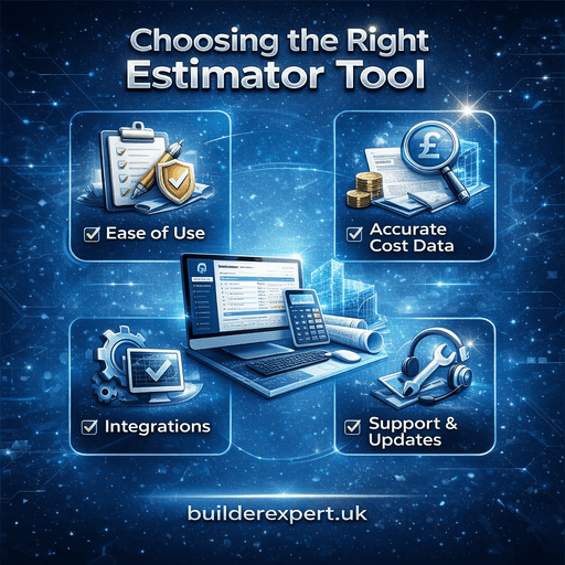 Choosing the right estimator tool infographic showing key factors like accuracy ease of use integrations and cost control in construction