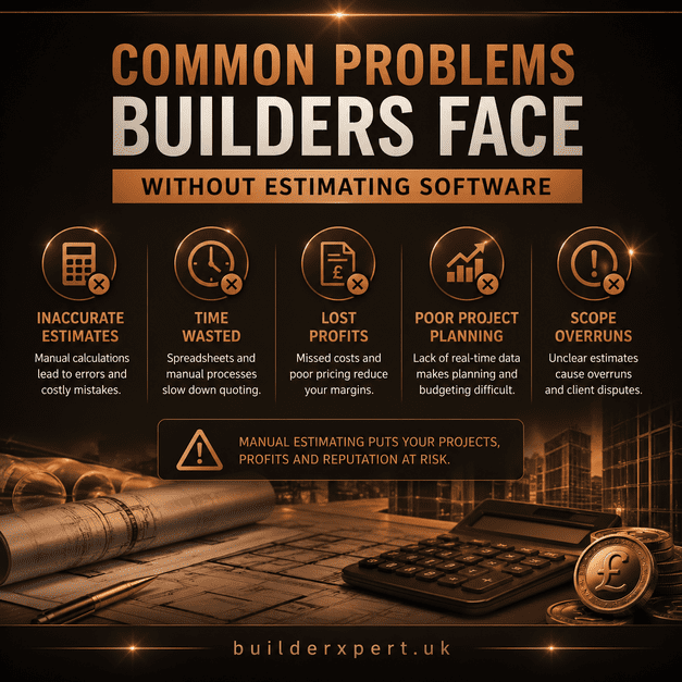 Copper-toned infographic showing common problems builders face without estimating software, including inaccurate estimates, wasted time, project overruns, and reduced profitability in residential construction.