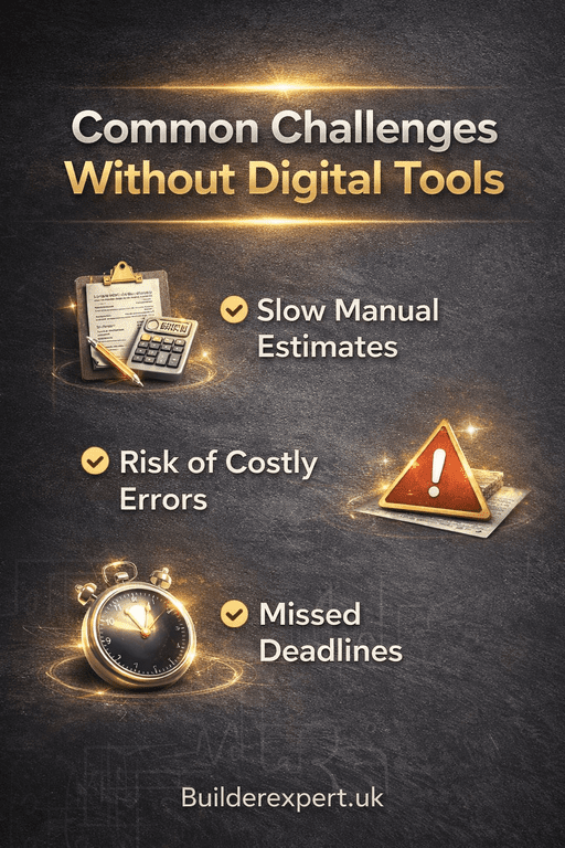 Common challenges without digital tools infographic showing slow estimates errors and missed deadlines in construction