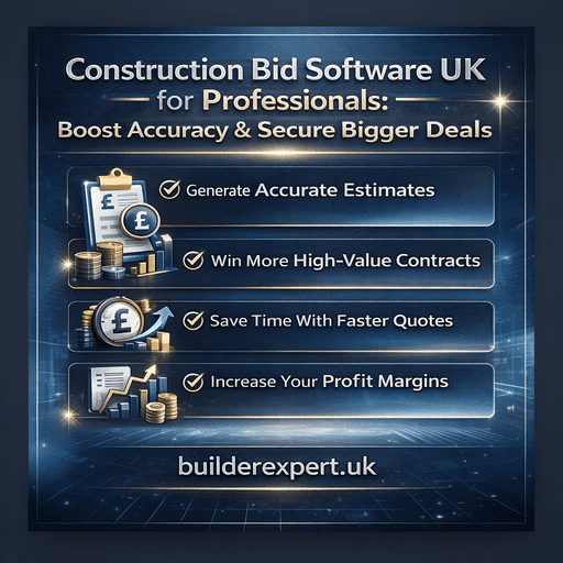 Construction_Bit_Software_UK_50 Infographic showing benefits of construction bid software UK including accurate estimates, faster quotes, and increased profit margins with professional blue and gold design