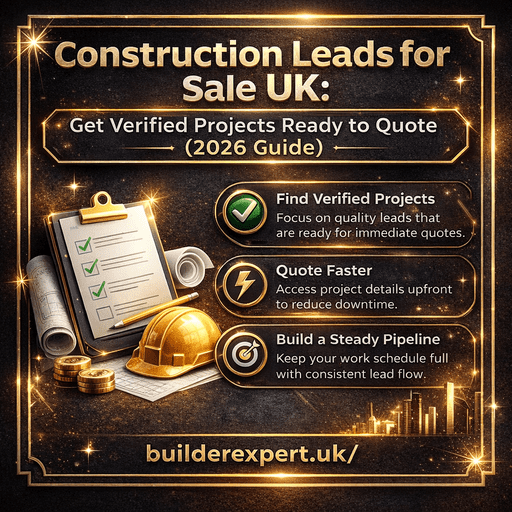 Infographic about construction leads for sale UK showing verified projects, faster quoting, and steady pipeline growth in 2026 with Builder Expert branding.
