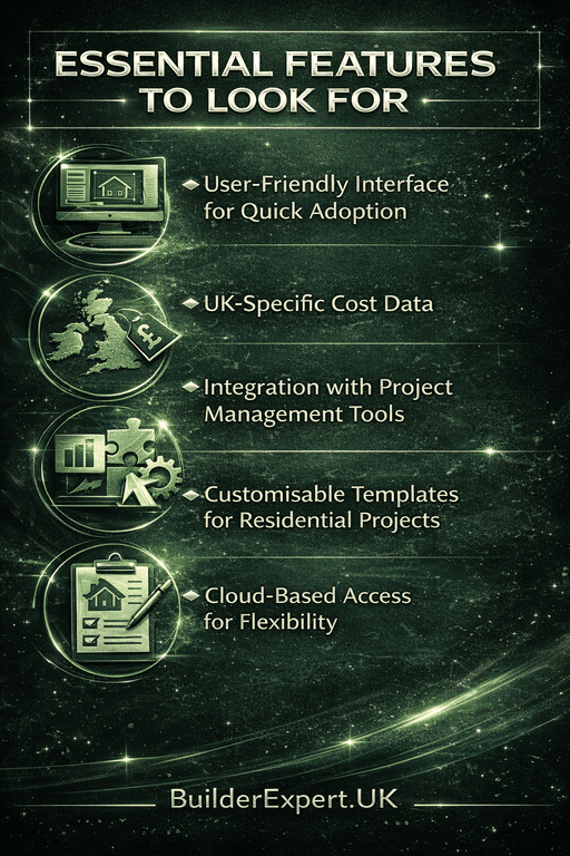Infographic showing essential features to look for in cost estimating software construction including user-friendly interface, UK cost data, integrations, templates, and cloud access