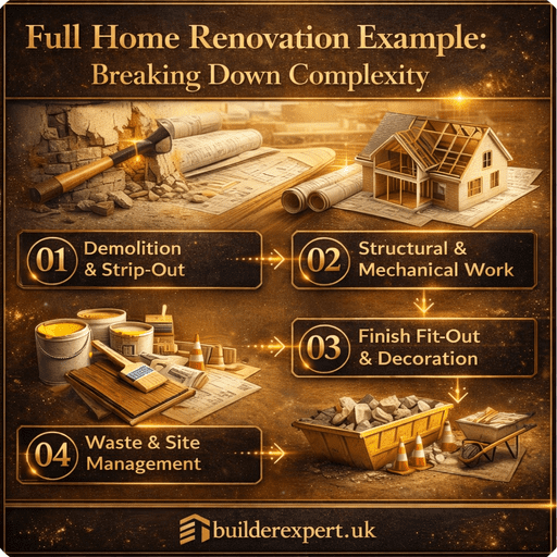 Infographic showing a full home renovation example broken into four key stages: demolition and strip-out, structural and mechanical work, finish fit-out and decoration, and waste and site management, with builderexpert.uk branding.