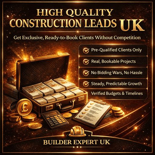 High_quality_construction_leads_UK_50 High quality construction leads UK infographic showing exclusive ready-to-book clients, no competition, and profitable construction projects with £ symbols