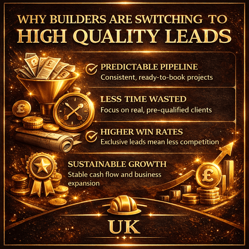 High_quality_leads_for_builders_in_UK_50 Why builders are switching to high quality construction leads UK infographic showing predictable pipeline, higher win rates, and exclusive client opportunities with £ symbols
