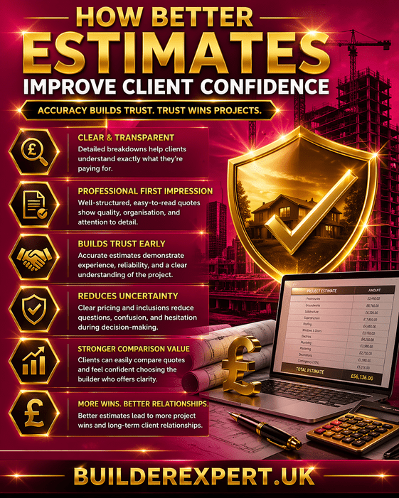 Infographic showing how better estimates improve client confidence with professional construction visuals, gold icons, UK pound symbols, and benefits including trust, transparency, and stronger client relationships