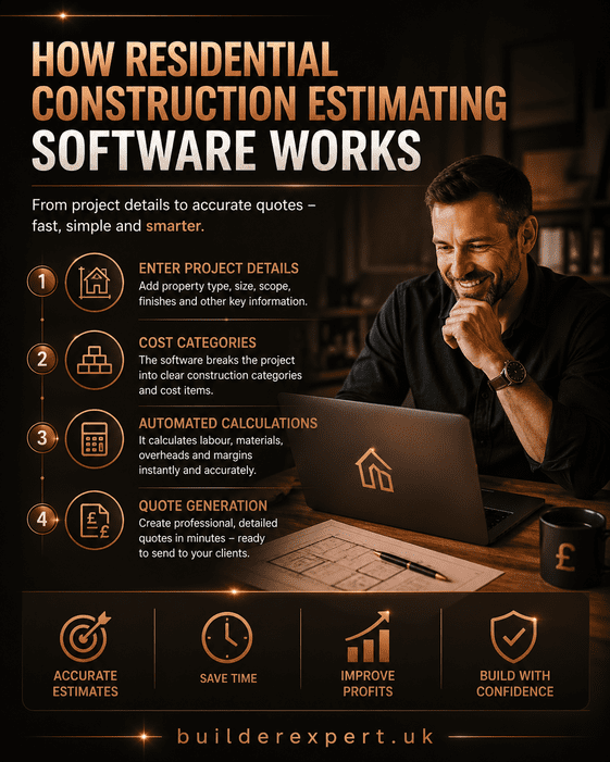 Vertical copper-toned infographic explaining how residential construction estimating software works, featuring project planning visuals, workflow steps, UK construction graphics, and Builderexpert.uk branding.
