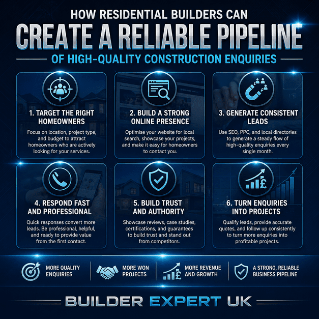 Professional square infographic showing how residential builders can create a reliable pipeline of high-quality construction enquiries using SEO, trust building, lead generation strategies, and local targeting.
