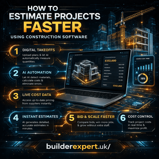 How to estimate projects faster using construction software infographic showing digital takeoffs, AI automation, real-time cost data and faster bidding process